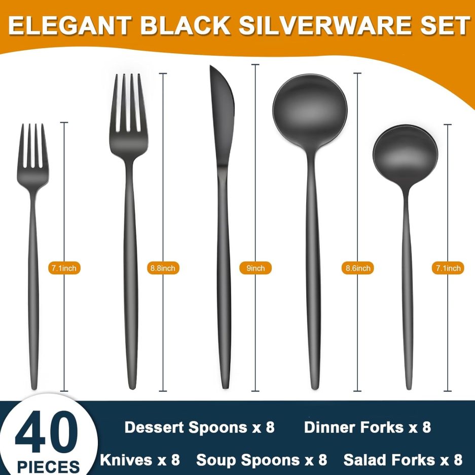 40 Pieces Black Silverware Set, Stainless Steel Flatware Set Service for 8, Tableware Cutlery Set, Utensils for Home, Restaurant, hotel, Include Knife Fork Spoon Set,Dishwasher Safe - Image 2