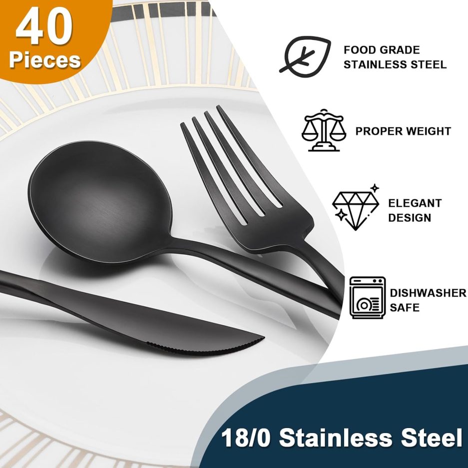 40 Pieces Black Silverware Set, Stainless Steel Flatware Set Service for 8, Tableware Cutlery Set, Utensils for Home, Restaurant, hotel, Include Knife Fork Spoon Set,Dishwasher Safe - Image 3