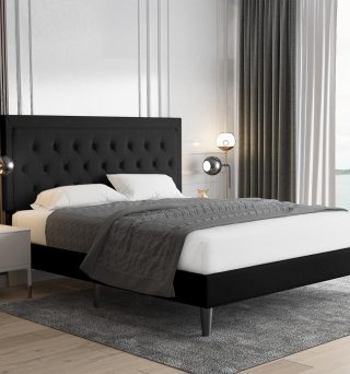 Allewie Full Size Upholstered Platform Bed Frame with Adjustable Headboard, Button Tufted, Wood Slat Support, Easy Assembly, Black