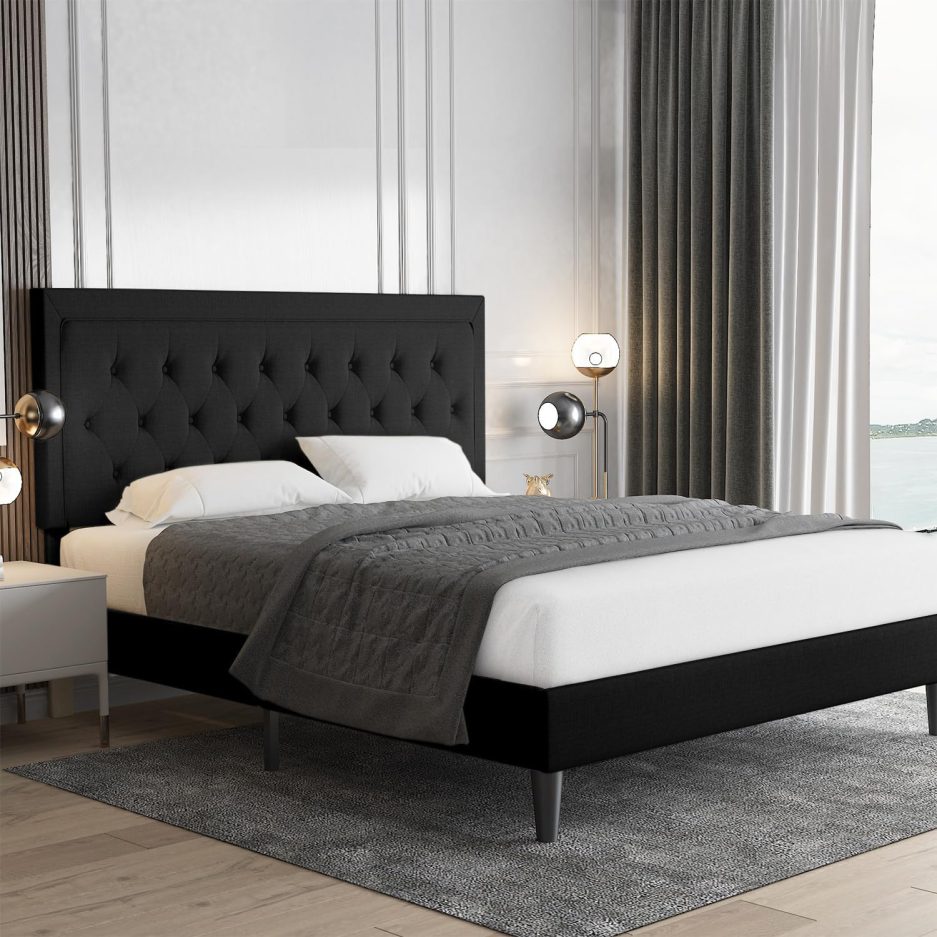 Allewie Full Size Upholstered Platform Bed Frame with Adjustable Headboard, Button Tufted, Wood Slat Support, Easy Assembly, Black