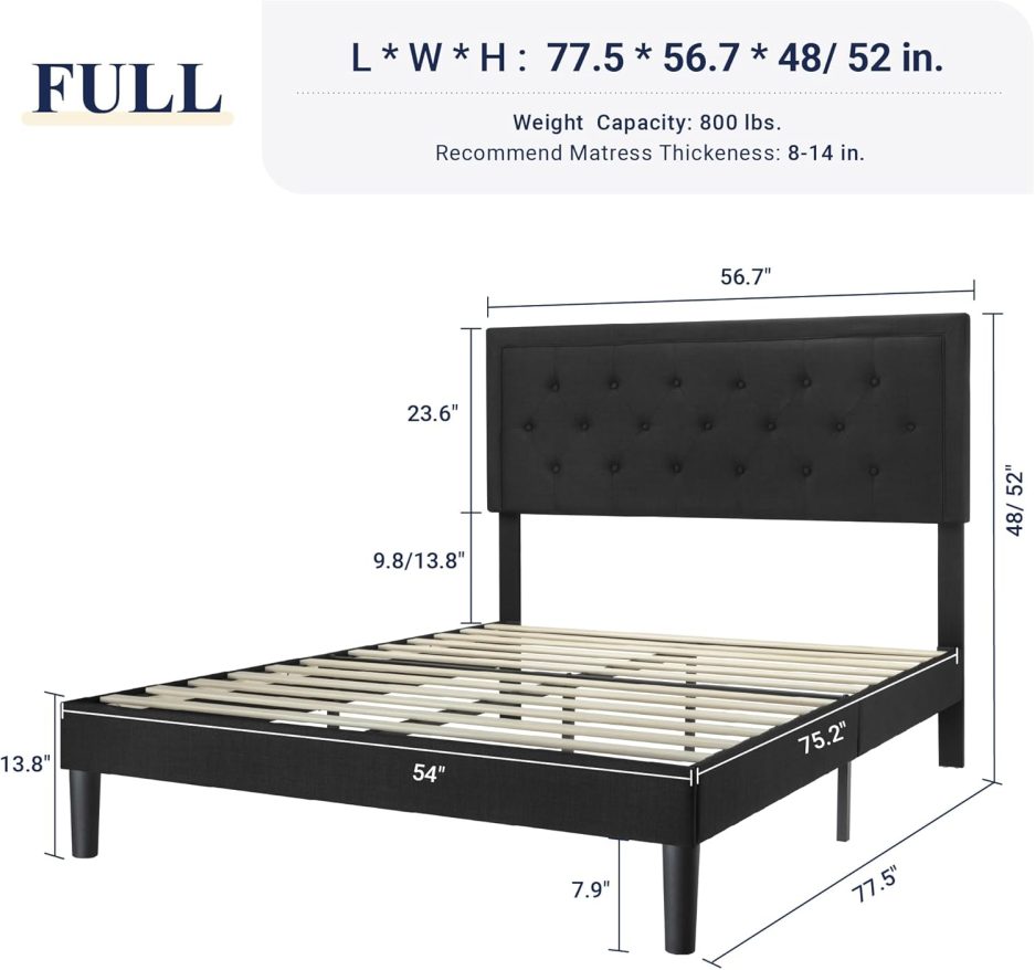Allewie Full Size Upholstered Platform Bed Frame with Adjustable Headboard, Button Tufted, Wood Slat Support, Easy Assembly, Black - Image 2
