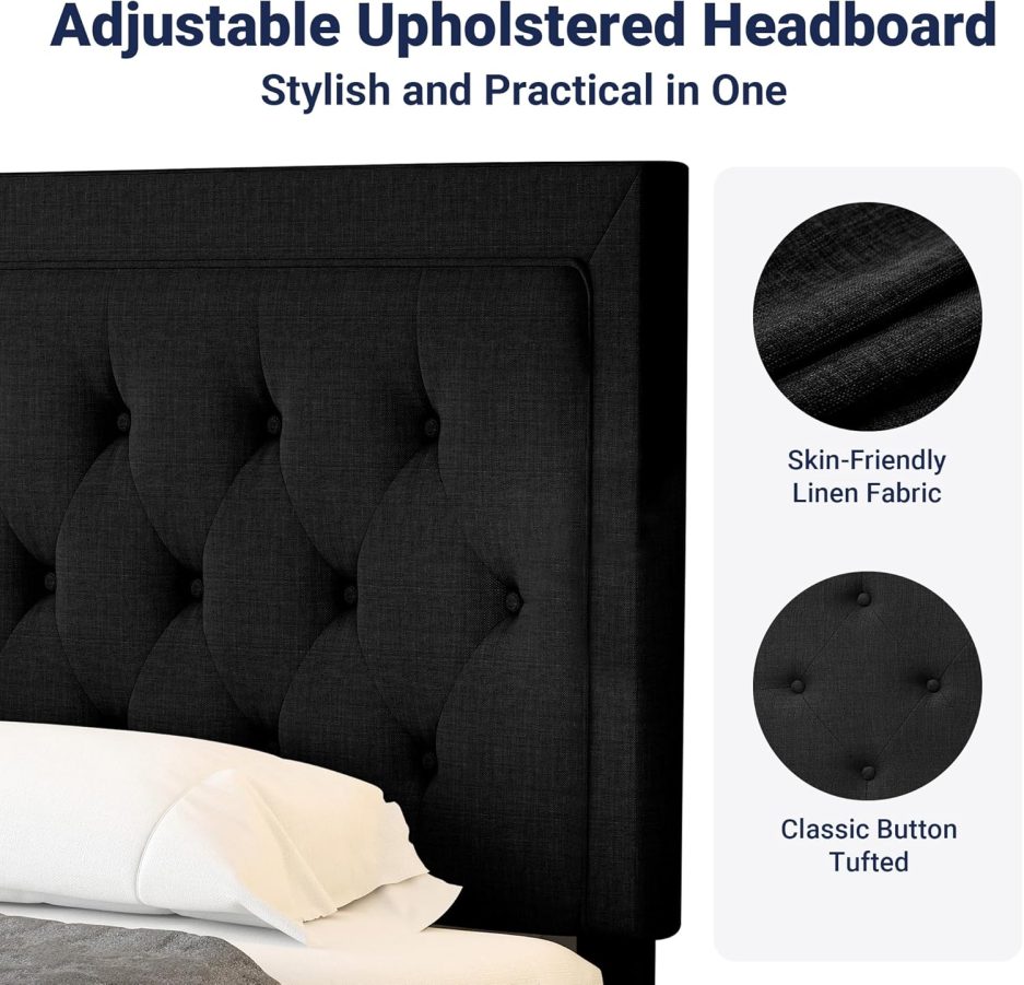 Allewie Full Size Upholstered Platform Bed Frame with Adjustable Headboard, Button Tufted, Wood Slat Support, Easy Assembly, Black - Image 4