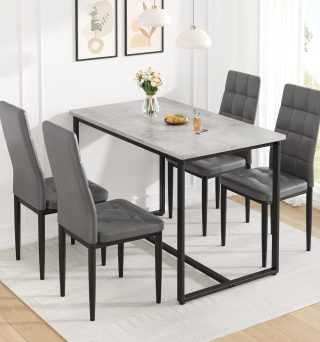 Dining Table Set for 4 with Chairs Faux Marble Dining Table Set Modern 47" Kitchen Table Set with 4 PU Chairs for Apartment Space Saving Waterproof & Easy Clean (Gray+Gray)