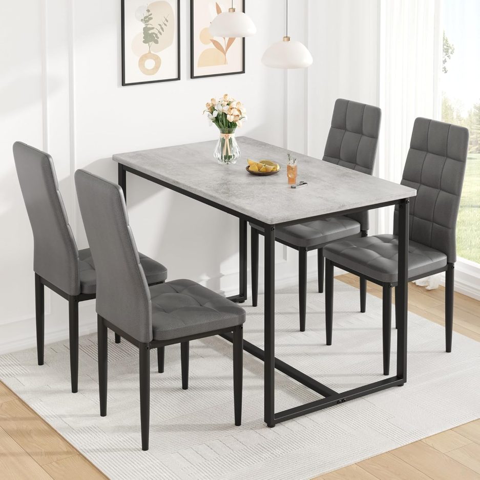 Dining Table Set for 4 with Chairs Faux Marble Dining Table Set Modern 47" Kitchen Table Set with 4 PU Chairs for Apartment Space Saving Waterproof & Easy Clean (Gray+Gray)