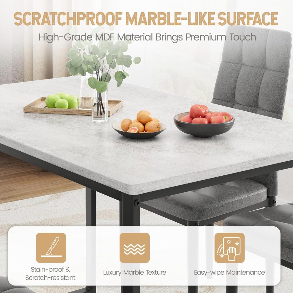 Dining Table Set for 4 with Chairs Faux Marble Dining Table Set Modern 47" Kitchen Table Set with 4 PU Chairs for Apartment Space Saving Waterproof & Easy Clean (Gray+Gray) - Image 4