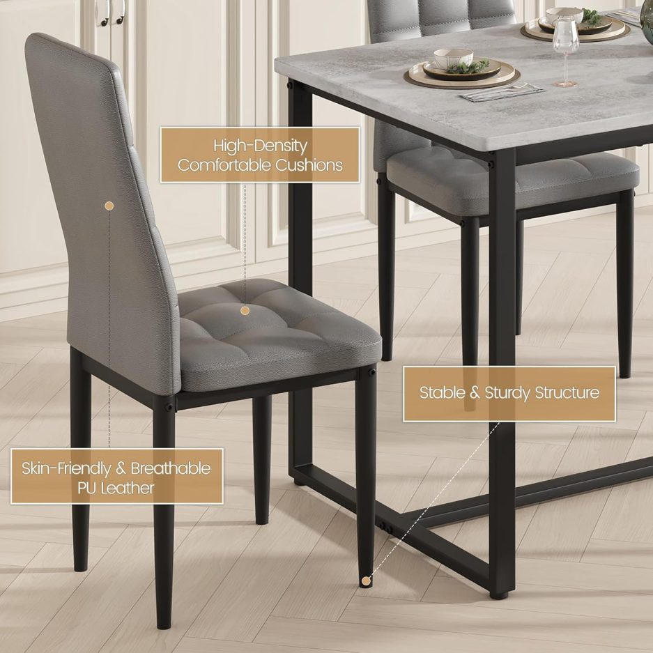 Dining Table Set for 4 with Chairs Faux Marble Dining Table Set Modern 47" Kitchen Table Set with 4 PU Chairs for Apartment Space Saving Waterproof & Easy Clean (Gray+Gray) - Image 5