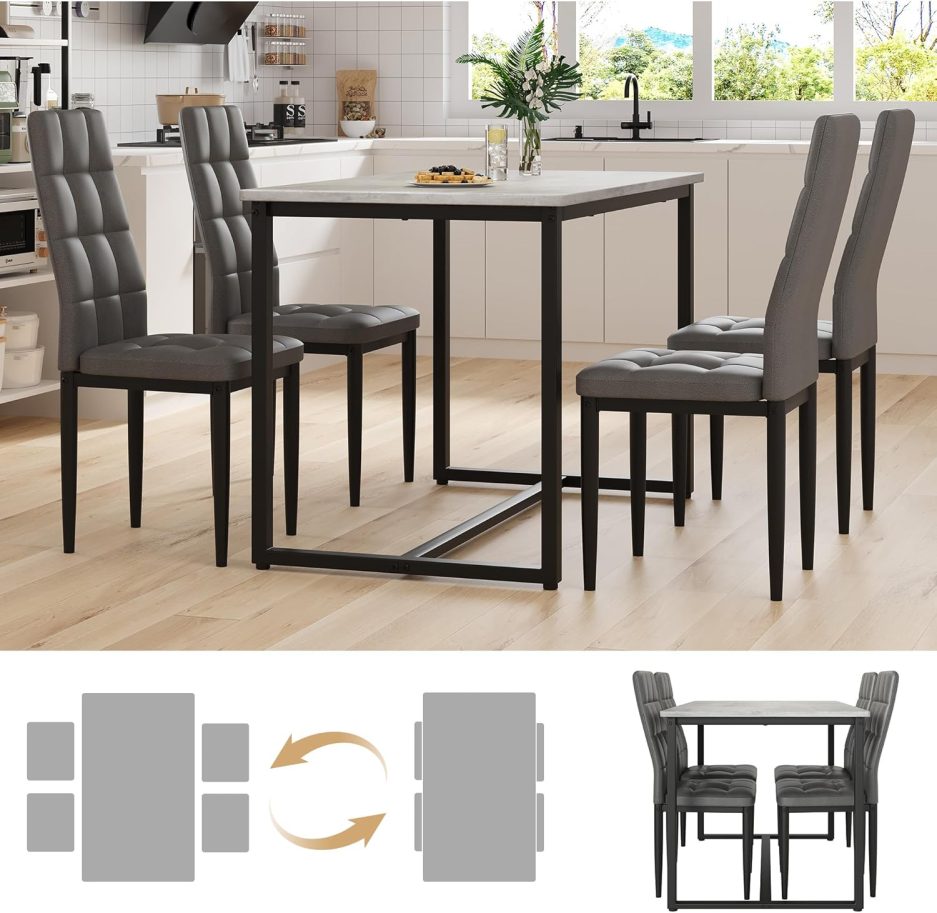 Dining Table Set for 4 with Chairs Faux Marble Dining Table Set Modern 47" Kitchen Table Set with 4 PU Chairs for Apartment Space Saving Waterproof & Easy Clean (Gray+Gray) - Image 7