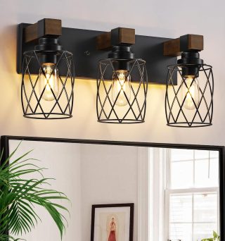 Farmhouse Bathroom Vanity Light, 3-Light Wood Bathroom Light Fixtures Over Mirror, Black Industrial Vanity Lights with Metal Shade, Rustic Bathrooms Lighting for Living Room, Bedroom, Hallway