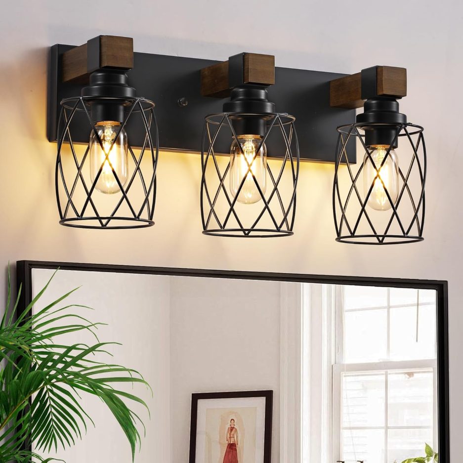 Farmhouse Bathroom Vanity Light, 3-Light Wood Bathroom Light Fixtures Over Mirror, Black Industrial Vanity Lights with Metal Shade, Rustic Bathrooms Lighting for Living Room, Bedroom, Hallway
