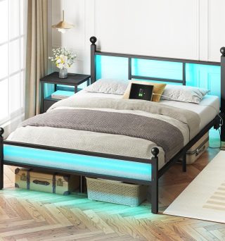 Fixwal Full Size Bed Frame with Charging Station, Metal Bed Frame with Port and Outlet