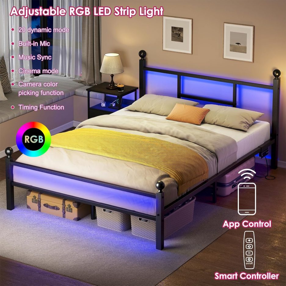 Fixwal Full Size Bed Frame with Charging Station, Metal Bed Frame with Port and Outlet - Image 3