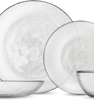 FORTESSA Los Cabos Tableware, 16-Piece Glass Dinnerware Set with 4 Dinner Plates, 4 Salad Plates, 4 Coupe Bowls and 4 Cereal Bowls, Dishwasher-Safe Glass Plate Set, Clear
