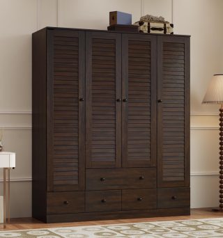 Hitow Wardrobe Armoire with 4 Louvered Doors, Wardrobe Closet for Bedroom with Hanging Rod & 5 Drawers, Bedroom Armoire Dresser Clothes Organizer, Dark Walnut (59.1" W x 19.1" D x 70.5" H)