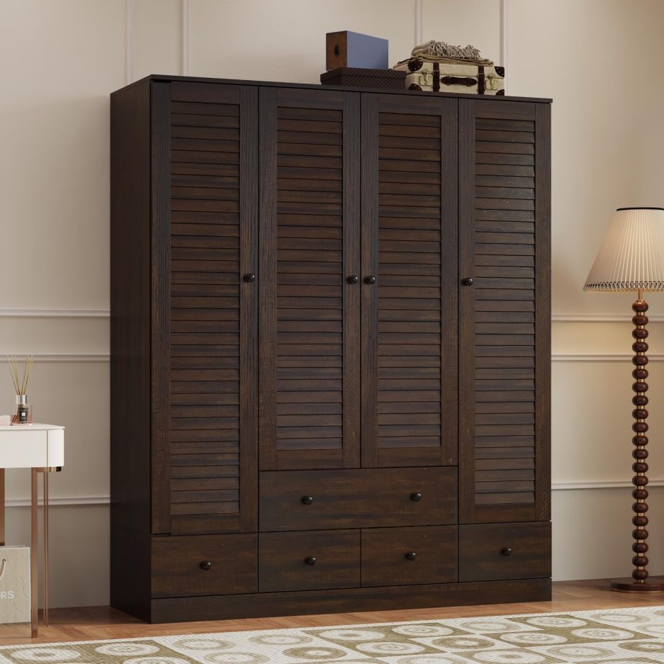 Hitow Wardrobe Armoire with 4 Louvered Doors, Wardrobe Closet for Bedroom with Hanging Rod & 5 Drawers, Bedroom Armoire Dresser Clothes Organizer, Dark Walnut (59.1" W x 19.1" D x 70.5" H)