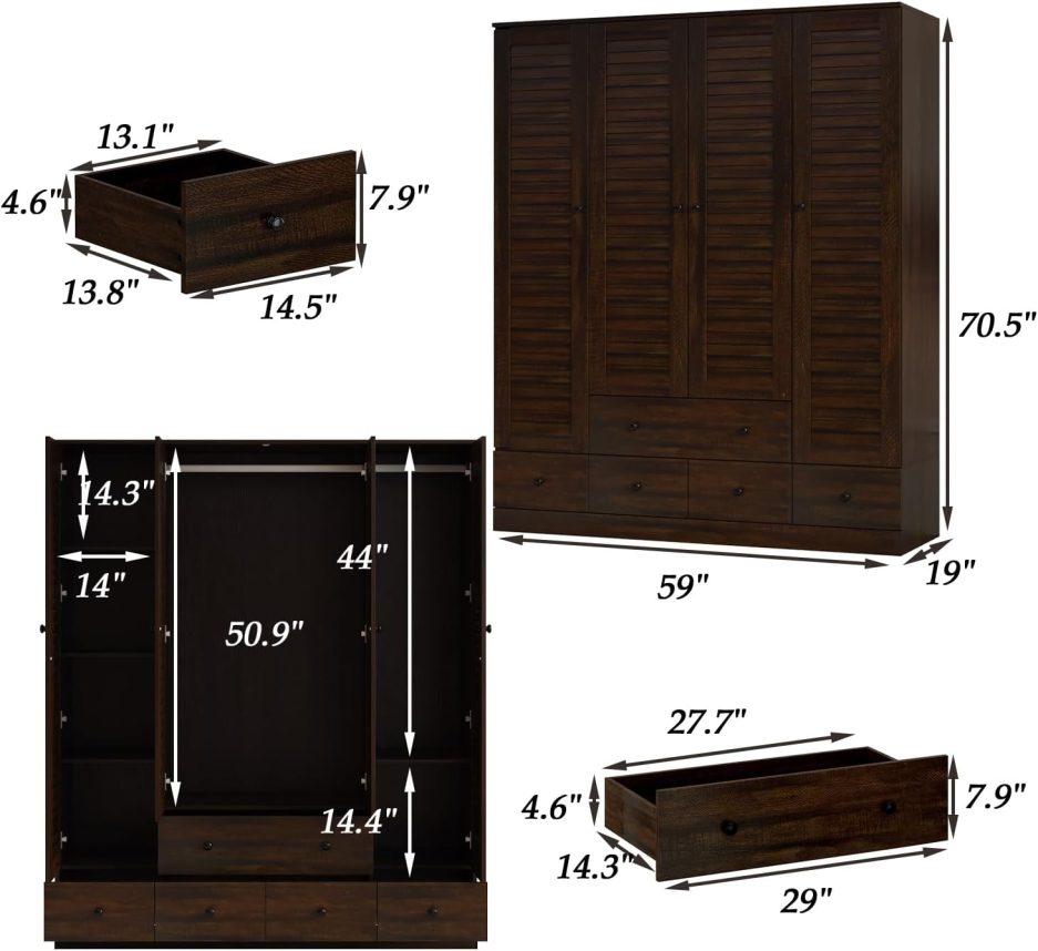 Hitow Wardrobe Armoire with 4 Louvered Doors, Wardrobe Closet for Bedroom with Hanging Rod & 5 Drawers, Bedroom Armoire Dresser Clothes Organizer, Dark Walnut (59.1" W x 19.1" D x 70.5" H) - Image 2