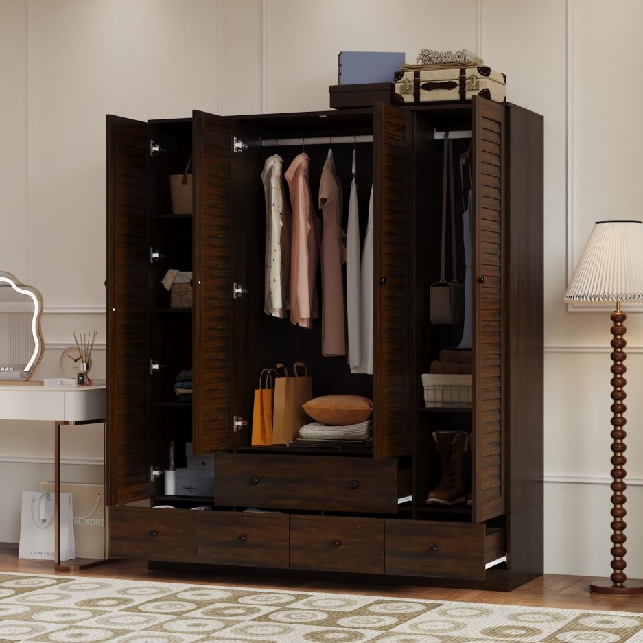Hitow Wardrobe Armoire with 4 Louvered Doors, Wardrobe Closet for Bedroom with Hanging Rod & 5 Drawers, Bedroom Armoire Dresser Clothes Organizer, Dark Walnut (59.1" W x 19.1" D x 70.5" H) - Image 3