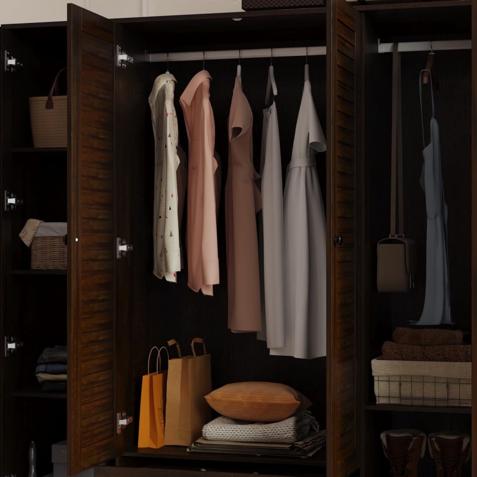 Hitow Wardrobe Armoire with 4 Louvered Doors, Wardrobe Closet for Bedroom with Hanging Rod & 5 Drawers, Bedroom Armoire Dresser Clothes Organizer, Dark Walnut (59.1" W x 19.1" D x 70.5" H) - Image 4