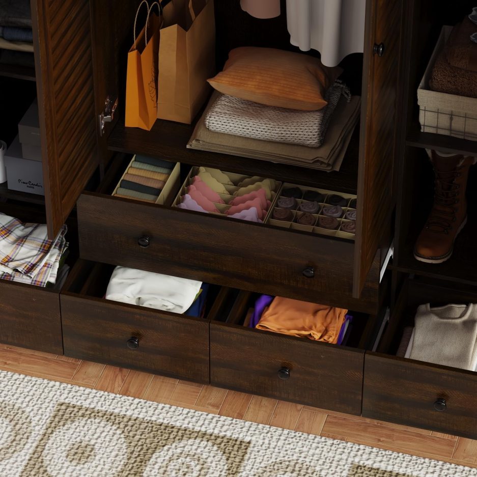 Hitow Wardrobe Armoire with 4 Louvered Doors, Wardrobe Closet for Bedroom with Hanging Rod & 5 Drawers, Bedroom Armoire Dresser Clothes Organizer, Dark Walnut (59.1" W x 19.1" D x 70.5" H) - Image 5