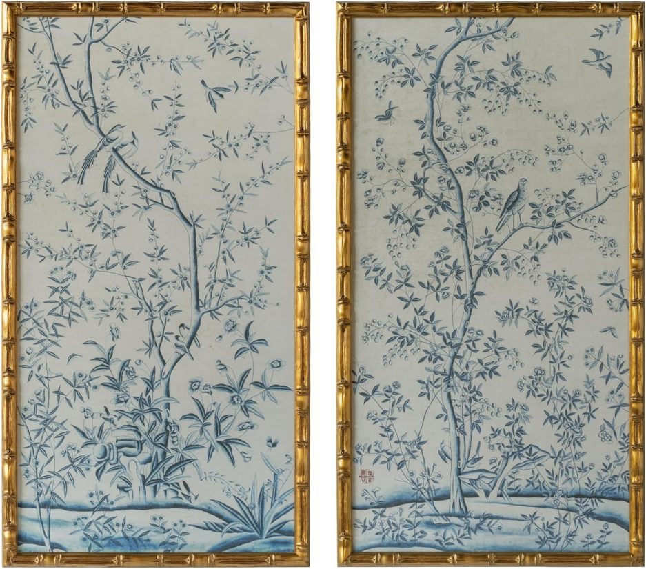 Chinese Rice Paper Print China Flower And Bird Bamboo Frame 19.5 X 35.8 Inches (B) - Image 2