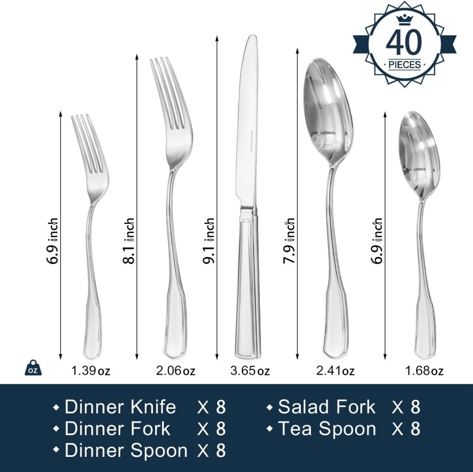 KINGSTONE 40-Piece Silverware Set, 18/10 Stainless Steel Flatware Set for 8, Tableware Cutlery Set, Utensil Sets for Home Restaurant, Mirror Finish, Dishwasher Safe - Image 2