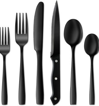 NETANY 24 Pieces Black Silverware Set, Black Flatware Set, Food-Grade Stainless Steel Cutlery Set for 4, Tableware Eating Utensils, Mirror Finished, Dishwasher Safe