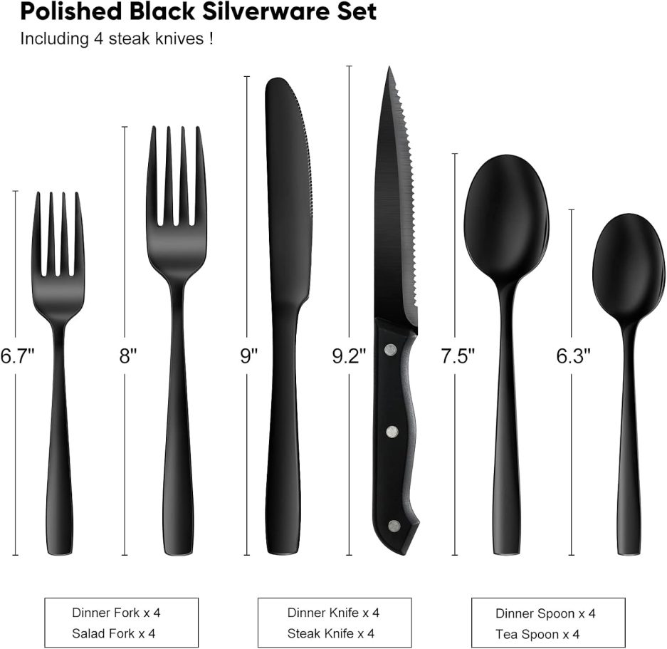 NETANY 24 Pieces Black Silverware Set, Black Flatware Set, Food-Grade Stainless Steel Cutlery Set for 4, Tableware Eating Utensils, Mirror Finished, Dishwasher Safe - Image 2