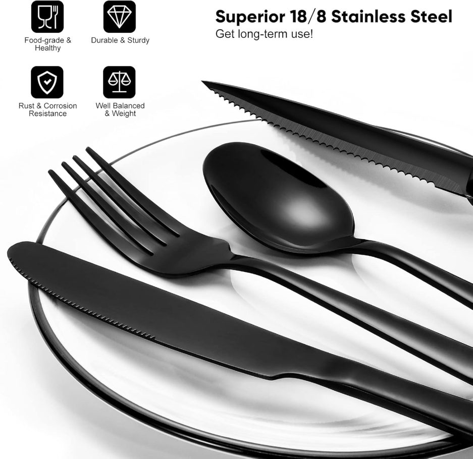 NETANY 24 Pieces Black Silverware Set, Black Flatware Set, Food-Grade Stainless Steel Cutlery Set for 4, Tableware Eating Utensils, Mirror Finished, Dishwasher Safe - Image 3