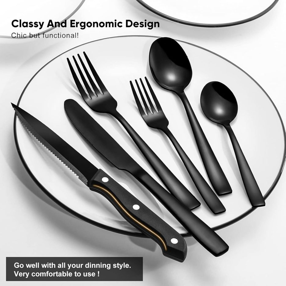 NETANY 24 Pieces Black Silverware Set, Black Flatware Set, Food-Grade Stainless Steel Cutlery Set for 4, Tableware Eating Utensils, Mirror Finished, Dishwasher Safe - Image 5