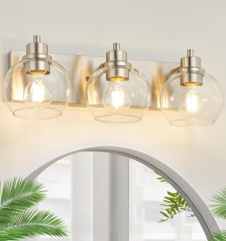 Tuscarora Bathroom Light Fixtures, Brushed Nickel Vanity Light 3 Light Bathroom Vanity Light with Clear Glass Shade,Lighting Fixtures for Mirror