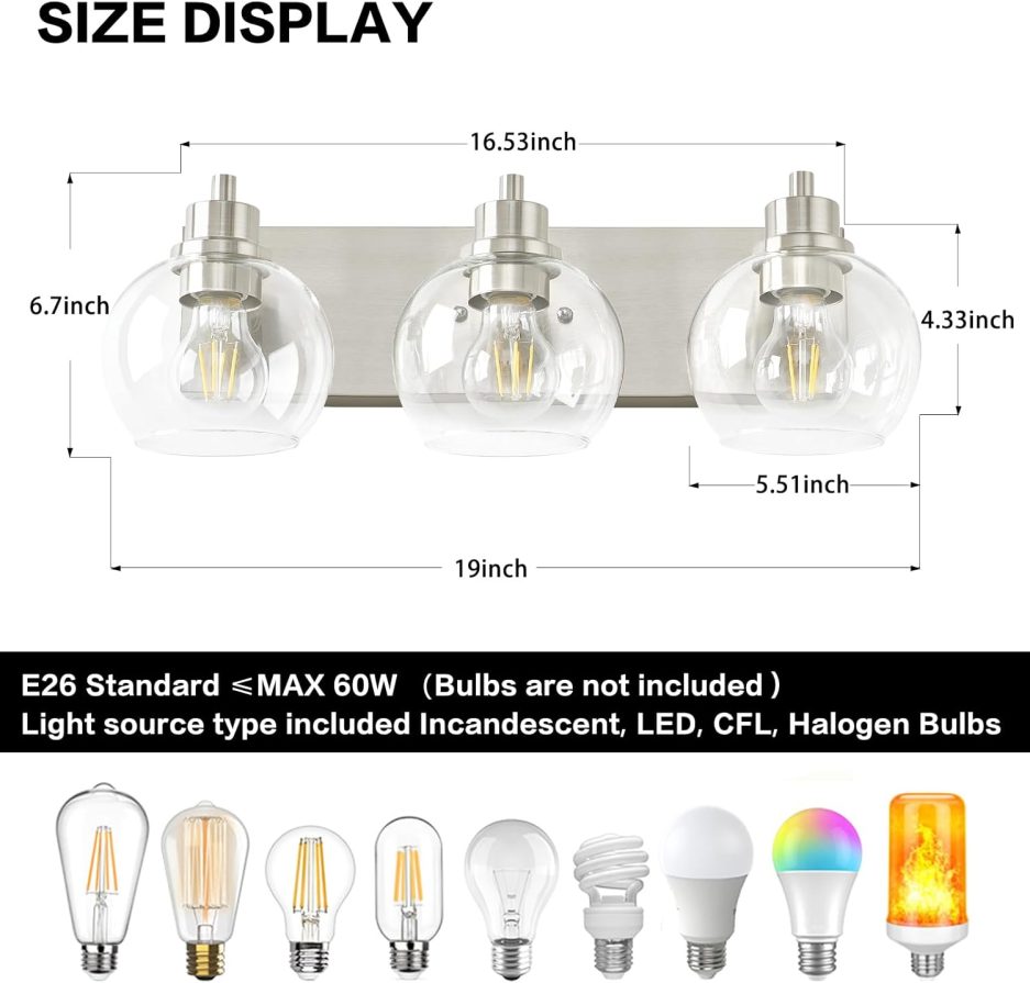 Tuscarora Bathroom Light Fixtures, Brushed Nickel Vanity Light 3 Light Bathroom Vanity Light with Clear Glass Shade,Lighting Fixtures for Mirror - Image 2