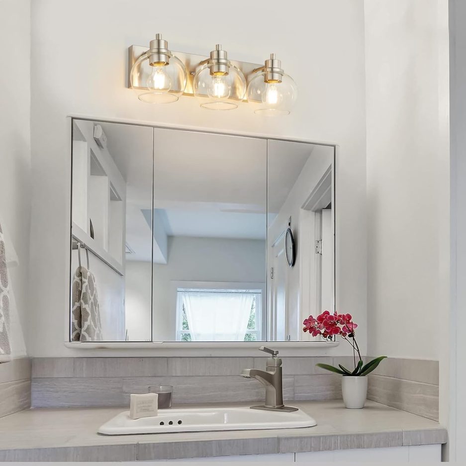 Tuscarora Bathroom Light Fixtures, Brushed Nickel Vanity Light 3 Light Bathroom Vanity Light with Clear Glass Shade,Lighting Fixtures for Mirror - Image 3