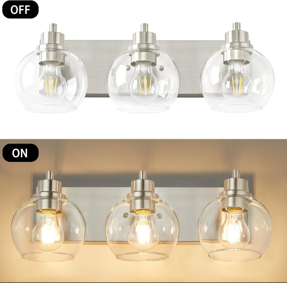 Tuscarora Bathroom Light Fixtures, Brushed Nickel Vanity Light 3 Light Bathroom Vanity Light with Clear Glass Shade,Lighting Fixtures for Mirror - Image 4
