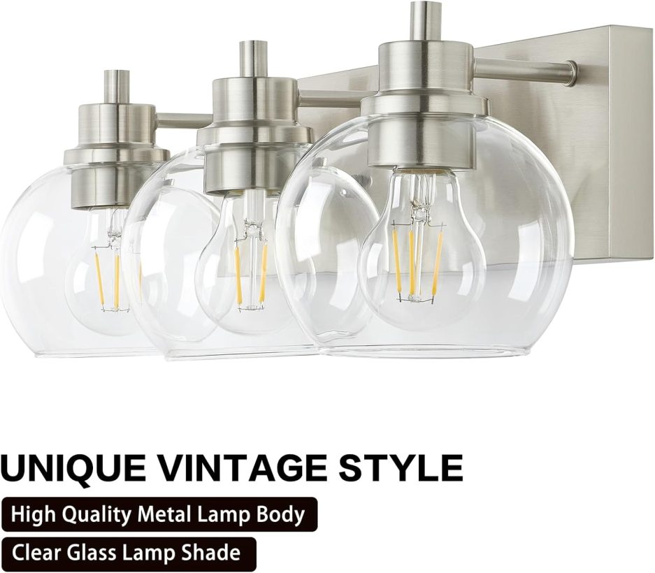 Tuscarora Bathroom Light Fixtures, Brushed Nickel Vanity Light 3 Light Bathroom Vanity Light with Clear Glass Shade,Lighting Fixtures for Mirror - Image 5