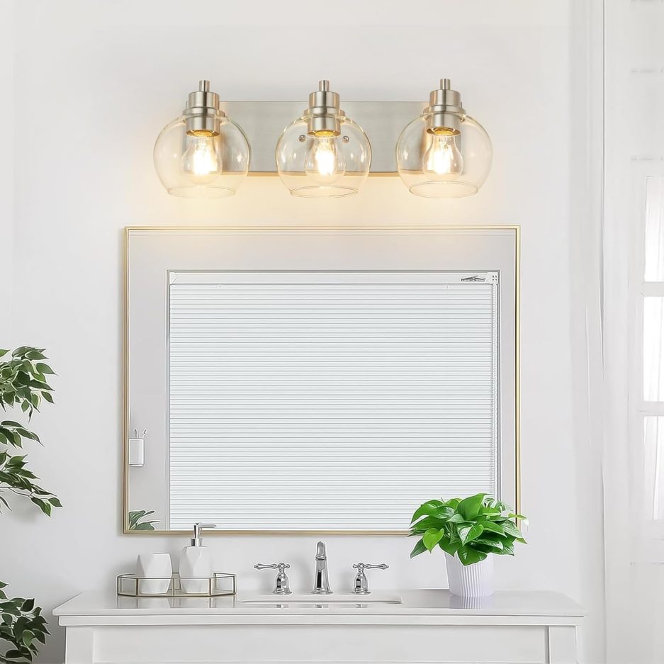 Tuscarora Bathroom Light Fixtures, Brushed Nickel Vanity Light 3 Light Bathroom Vanity Light with Clear Glass Shade,Lighting Fixtures for Mirror - Image 9