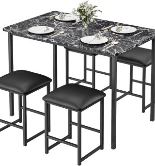 VECELO Kitchen Table and Chairs for 4, Dining Room Set with PU Chairs/Stools, Heavy-Duty Metal Frame, Faux Marble Tabletop, Space-Saving Design for Small Spaces, Easy Assembly, Classic Black