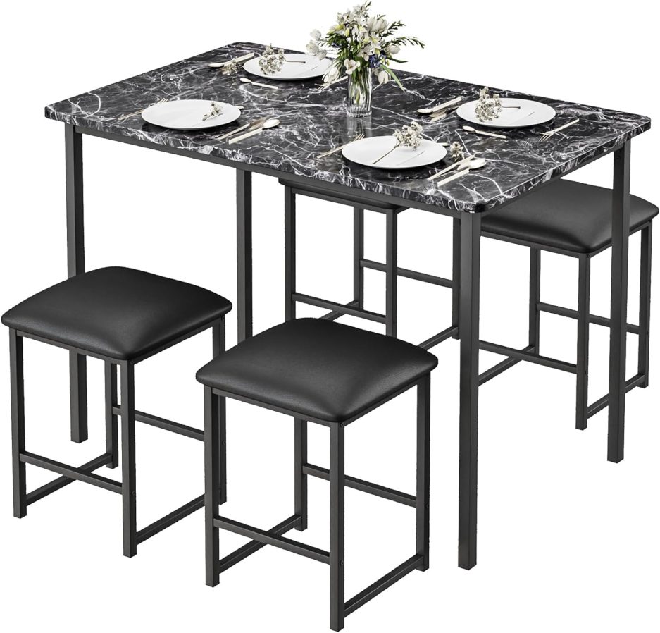 VECELO Kitchen Table and Chairs for 4, Dining Room Set with PU Chairs/Stools, Heavy-Duty Metal Frame, Faux Marble Tabletop, Space-Saving Design for Small Spaces, Easy Assembly, Classic Black