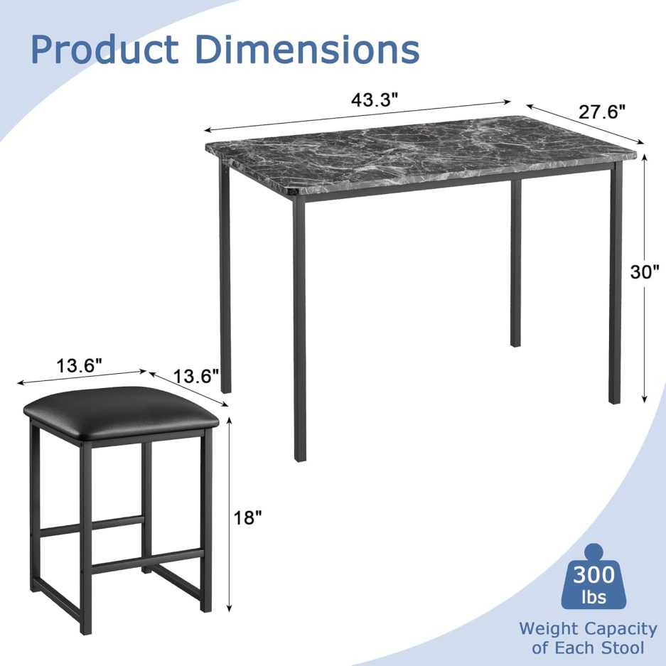 VECELO Kitchen Table and Chairs for 4, Dining Room Set with PU Chairs/Stools, Heavy-Duty Metal Frame, Faux Marble Tabletop, Space-Saving Design for Small Spaces, Easy Assembly, Classic Black - Image 2