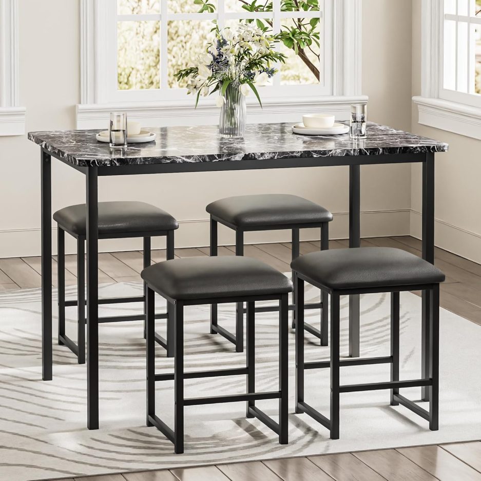 VECELO Kitchen Table and Chairs for 4, Dining Room Set with PU Chairs/Stools, Heavy-Duty Metal Frame, Faux Marble Tabletop, Space-Saving Design for Small Spaces, Easy Assembly, Classic Black - Image 3