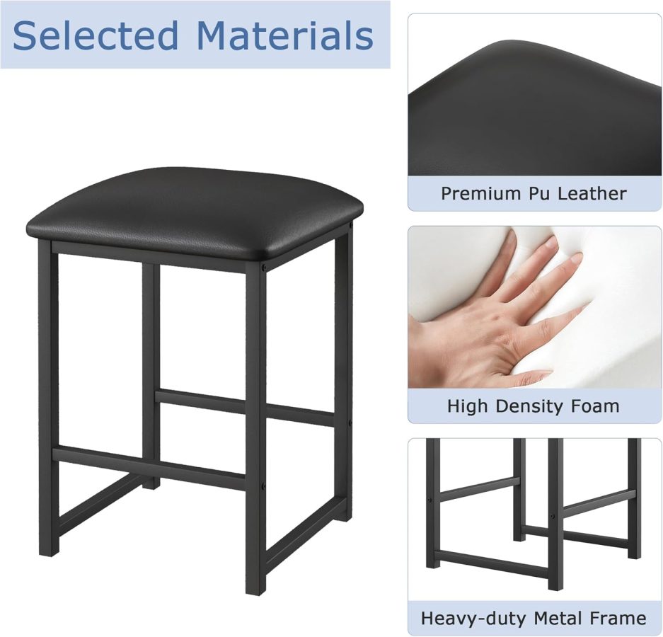 VECELO Kitchen Table and Chairs for 4, Dining Room Set with PU Chairs/Stools, Heavy-Duty Metal Frame, Faux Marble Tabletop, Space-Saving Design for Small Spaces, Easy Assembly, Classic Black - Image 4