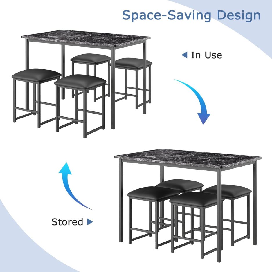 VECELO Kitchen Table and Chairs for 4, Dining Room Set with PU Chairs/Stools, Heavy-Duty Metal Frame, Faux Marble Tabletop, Space-Saving Design for Small Spaces, Easy Assembly, Classic Black - Image 5