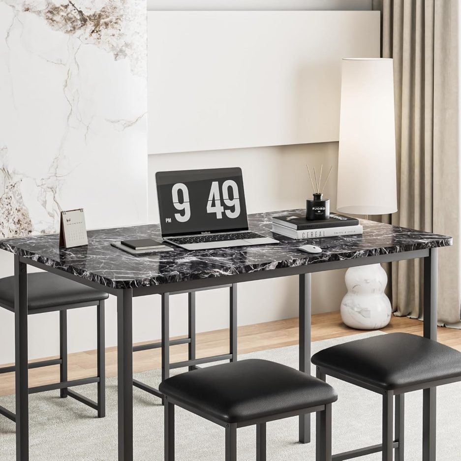 VECELO Kitchen Table and Chairs for 4, Dining Room Set with PU Chairs/Stools, Heavy-Duty Metal Frame, Faux Marble Tabletop, Space-Saving Design for Small Spaces, Easy Assembly, Classic Black - Image 7