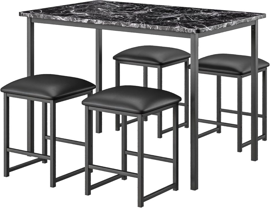 VECELO Kitchen Table and Chairs for 4, Dining Room Set with PU Chairs/Stools, Heavy-Duty Metal Frame, Faux Marble Tabletop, Space-Saving Design for Small Spaces, Easy Assembly, Classic Black - Image 8