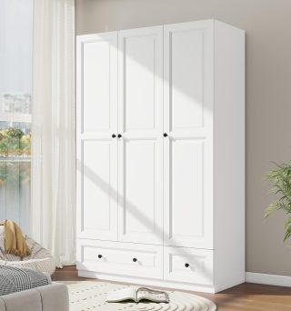 White 3 Door Wardrobe Closet: Bedroom Armoire with 2 Drawers, Wooden Closet for Hanging Clothes, Wood Cabinet with Shelves for Clothes Storage (White, 47")