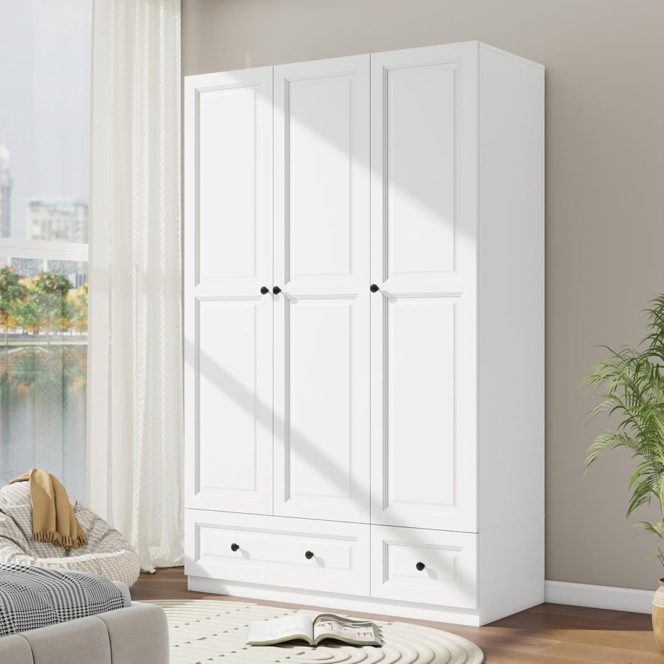 White 3 Door Wardrobe Closet: Bedroom Armoire with 2 Drawers, Wooden Closet for Hanging Clothes, Wood Cabinet with Shelves for Clothes Storage (White, 47")