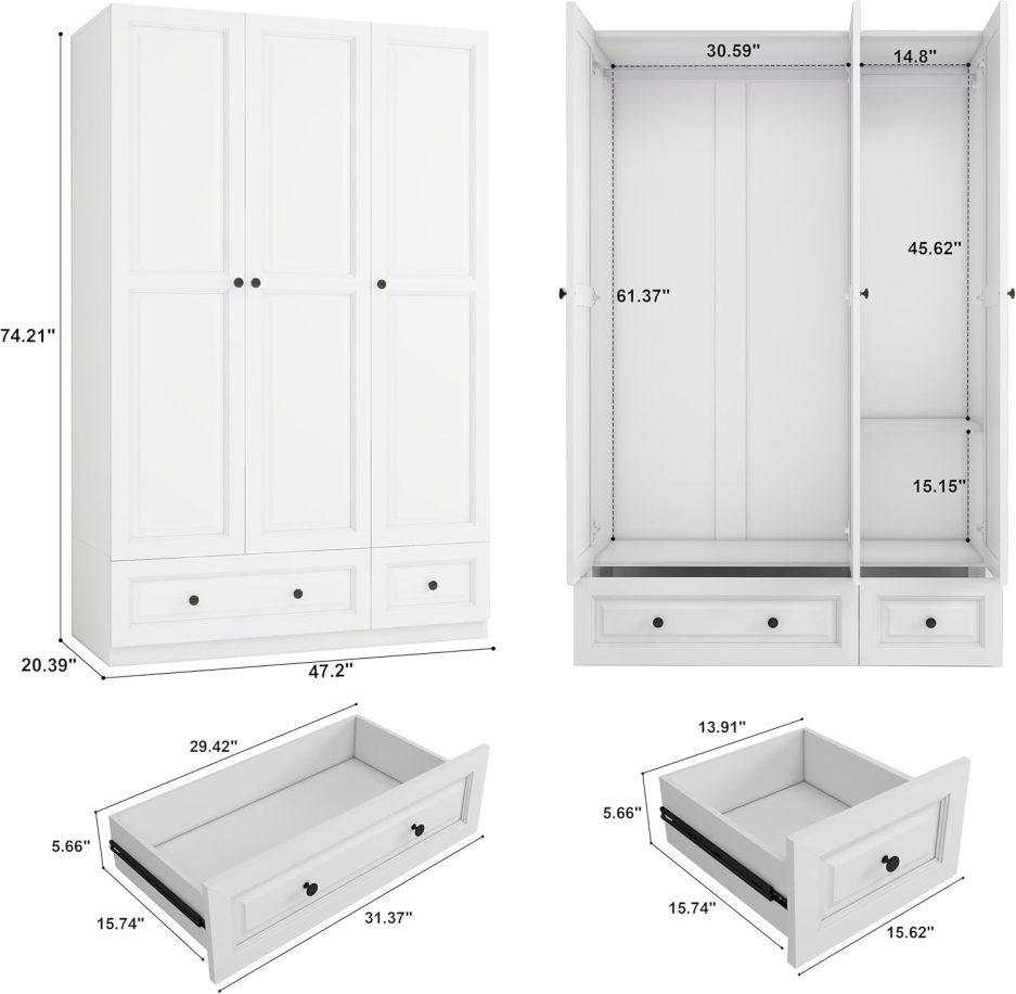 White 3 Door Wardrobe Closet: Bedroom Armoire with 2 Drawers, Wooden Closet for Hanging Clothes, Wood Cabinet with Shelves for Clothes Storage (White, 47") - Image 2