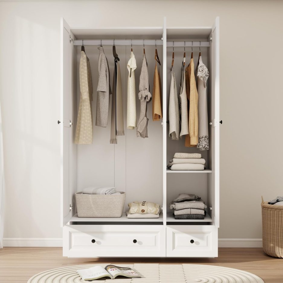 White 3 Door Wardrobe Closet: Bedroom Armoire with 2 Drawers, Wooden Closet for Hanging Clothes, Wood Cabinet with Shelves for Clothes Storage (White, 47") - Image 3