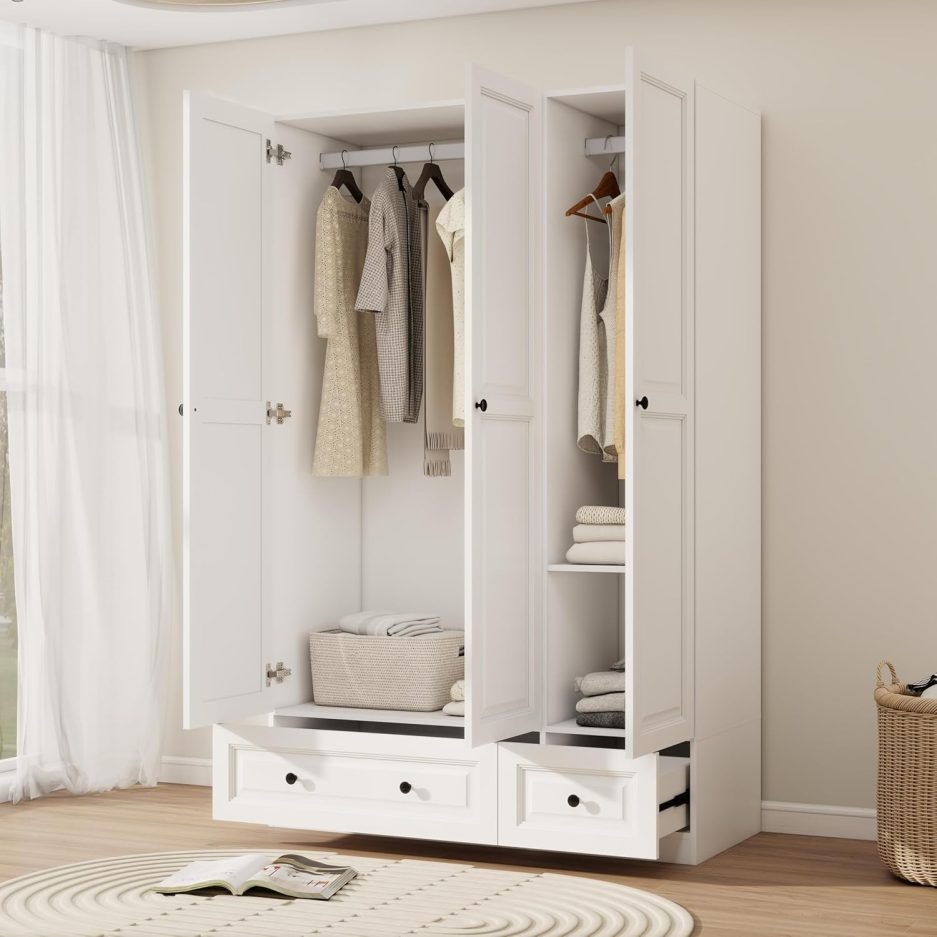 White 3 Door Wardrobe Closet: Bedroom Armoire with 2 Drawers, Wooden Closet for Hanging Clothes, Wood Cabinet with Shelves for Clothes Storage (White, 47") - Image 4