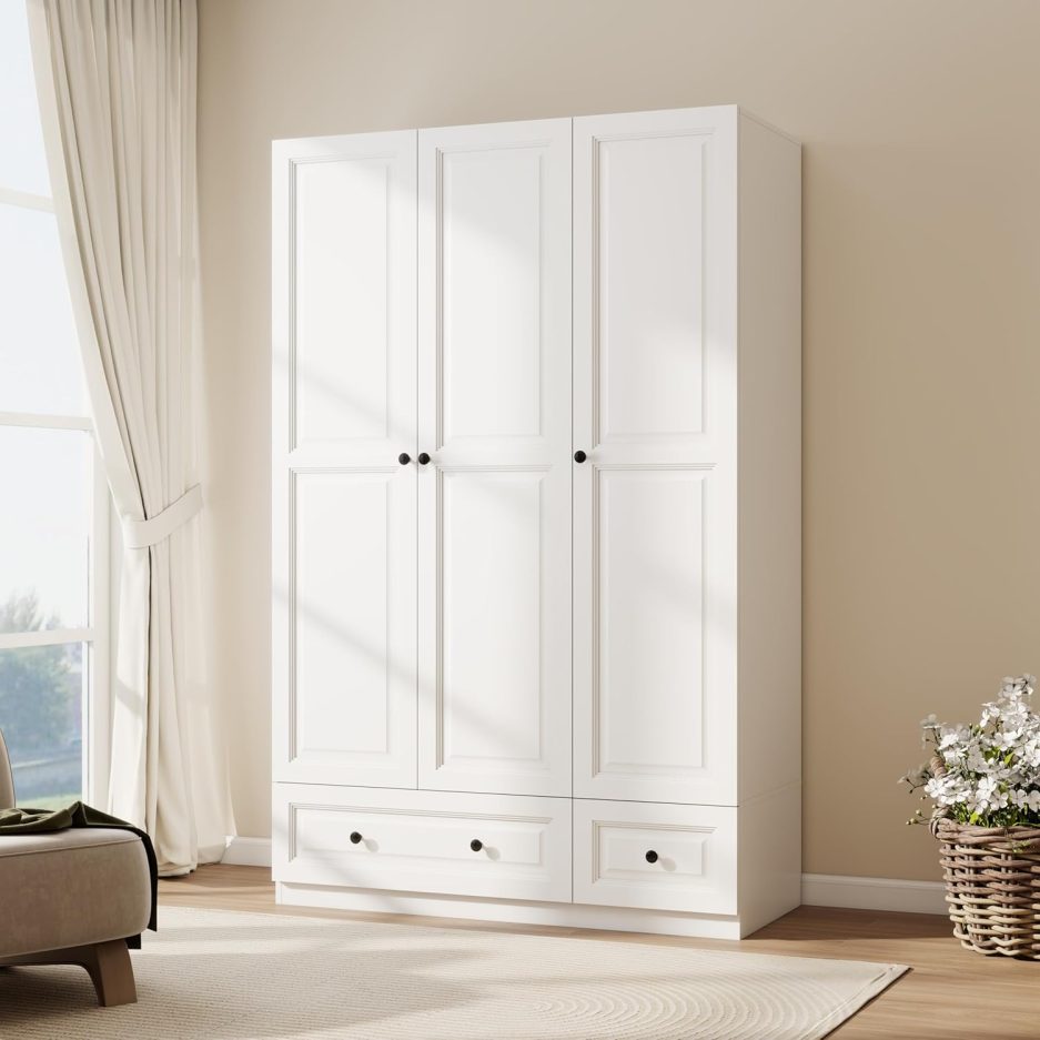 White 3 Door Wardrobe Closet: Bedroom Armoire with 2 Drawers, Wooden Closet for Hanging Clothes, Wood Cabinet with Shelves for Clothes Storage (White, 47") - Image 5